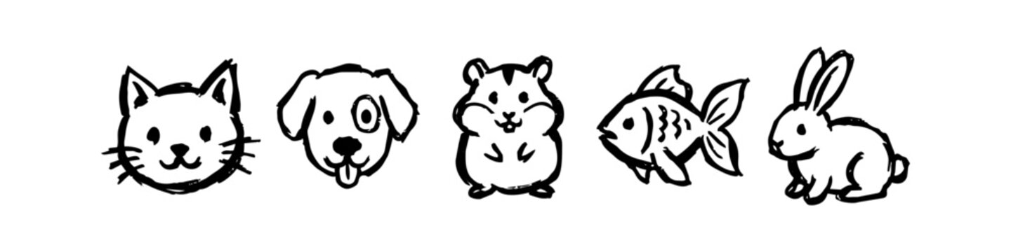 Hand-drawn doodle set of common household pets including a cat, dog, hamster, fish, and rabbit. Cute minimalist black ink illustrations of domestic animals isolated on a white background.