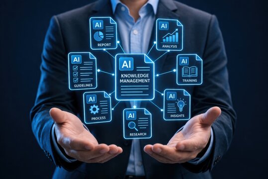 AI knowledge management system organizing reports analysis training research and insights in centralized digital workflow