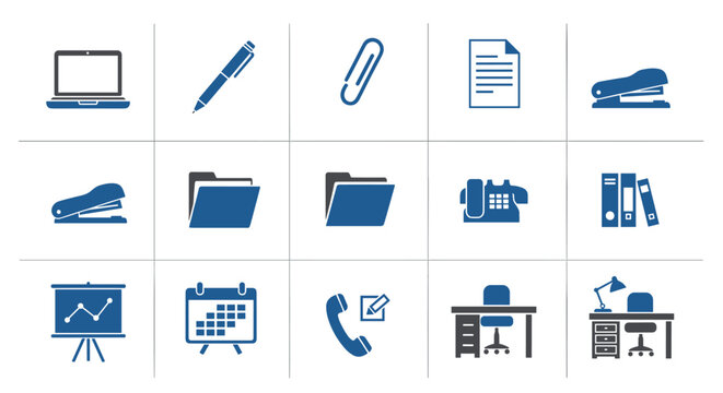 A comprehensive collection of blue and gray office supply and business icons