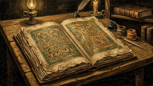 Ancient Book of Kells Page - Celtic Illuminated Manuscript Materic Oil Painting Heritage Art