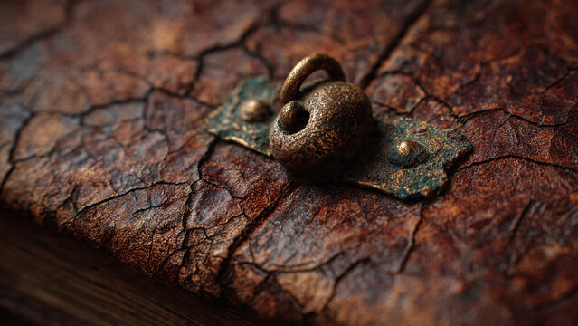 Ancient worn leather book cover with tarnished brass latch, time-worn patina macro.