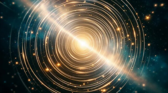 Bright Orbital Rings. Radiant Circular Bands Surround Core. Illuminated Rings Encircle Luminous Central Point. Glowing Concentric Circles Encircle Radiant Nucleus Amid Cosmic Surroundings