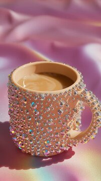 Sparkling Crystalcore Mug On Pink Iridescent Satin, Rhinestonestudded Ceramic Cup Filled With Coffee, Sunlit Highlights Creating Rainbow Reflections, Glossy Shadow And Tactile Jeweled Texture, Luxe