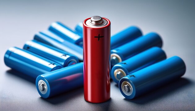 alkaline red battery surrounded by blue batteries on grey background