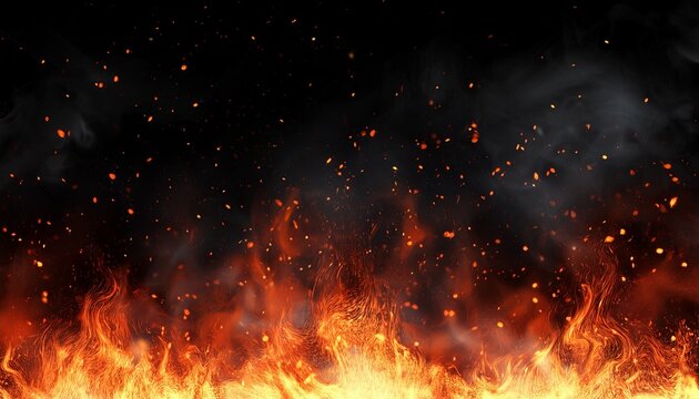 background with fire sparks embers and smoke overlay effect of burn coal grill hell or bonfire with flame glow flying orange sparkles and fog on black background