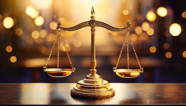 a golden balance scale symbolizing justice and law with a blurred background representing fairness and legal concepts
