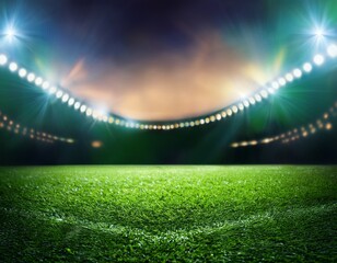 Fototapeta premium green grass macro in sports arena with lights background close up of soccer field lines background soccer lawn grass football stadium ground view