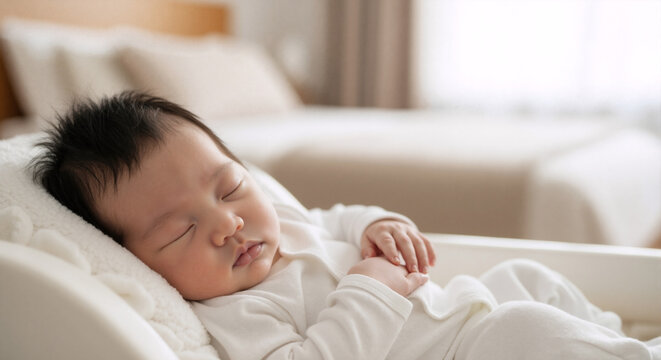 Newborn infant sleeping in a sidecar crib. Asian baby in white onesie resting in co-sleeper bed. Close-up of sleeping newborn at home in nursery