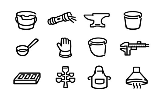 Set of industrial metalworking and foundry equipment icons including anvil ladle glove and caliper for manufacturing design
