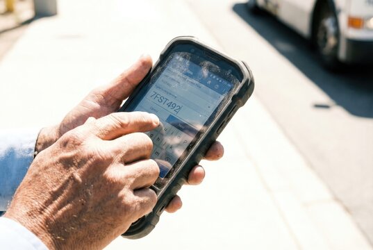 Worker hands typing a tracking number on a rugged industrial mobile computer terminal