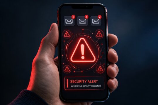 Cyber security alert on smartphone with suspicious activity warning and data breach notification interface