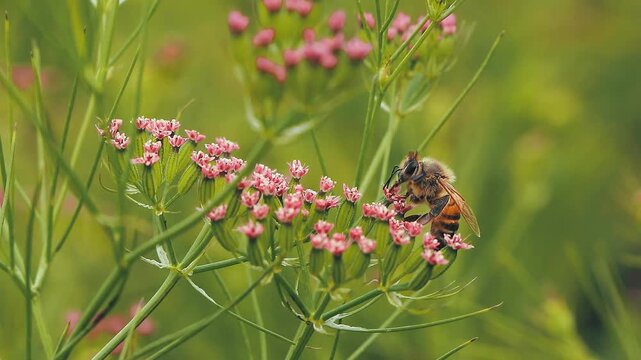 slow motion 4k footage of honey Bee picking up pollen cumin flower in the garden. Bee on cumin flowers