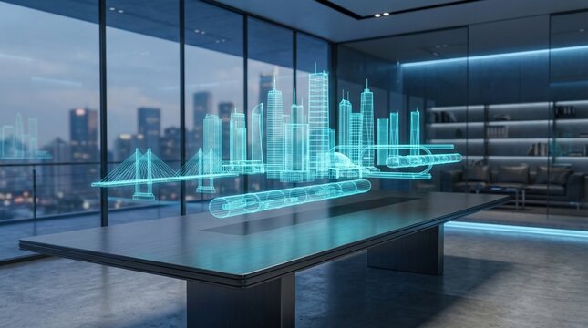 A futuristic office boardroom with a city model projection on table