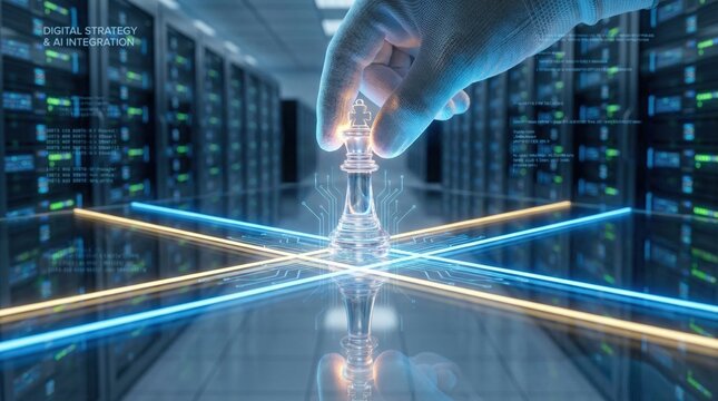 A strategic move: chess piece on a digital chessboard in a data center