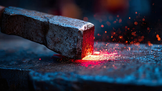 Macro shot of red-hot iron on a textured anvil with sparks, blacksmith craftsmanship.