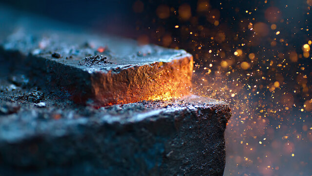 Macro shot of red-hot iron on a textured anvil with sparks, blacksmith craftsmanship.