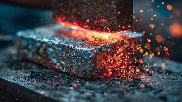Macro shot of red-hot iron on a textured anvil with sparks, blacksmith craftsmanship.