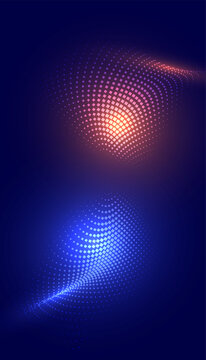 Abstract glowing halftone composition, dual color neon dotted waves with gradient light, futuristic digital background, vibrant geometric texture design