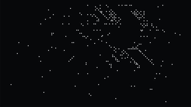 Abstract white pixel network, scattered dots on black background, minimal digital connection pattern, futuristic data visualization, technology inspired particle system design