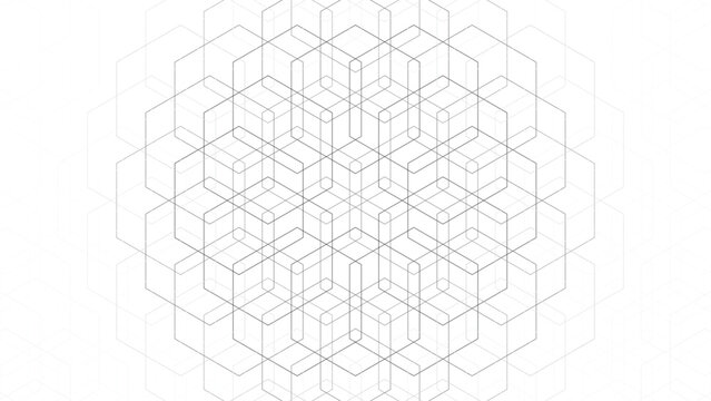 Abstract geometric cube pattern, isometric hexagon grid structure, modern minimal line art background, futuristic architectural lattice design, clean white technology backdrop