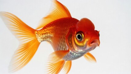 Fototapeta premium Bright orange goldfish closeup on white background for aquarium poster banner and pet wallpaper showcasing glossy scales and flowing fins