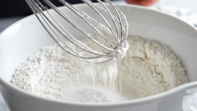 Closeup of whisk mixing dry ingredients in a white bowl for baking.