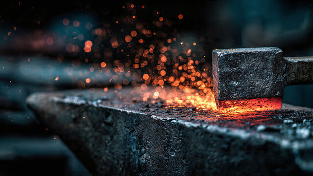 Macro shot of red-hot iron on a textured anvil with sparks, blacksmith craftsmanship.
