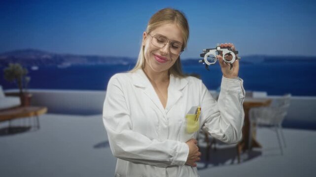 Optometrist woman holding trial frame with raised hand and gentle smile, wearing white coat and glasses in studio; eye care serene.