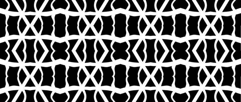 Geometric abstract ornament with interlocking black and white wavy lines for decorative ethnic border and modern packaging backgrounds