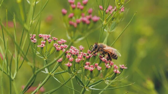 slow motion 4k footage of honey Bee picking up pollen cumin flower in the garden. Bee on cumin flowers