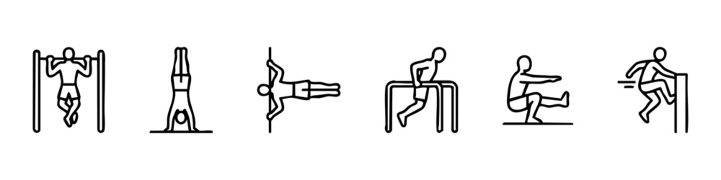Calisthenics and Bodyweight Training Outline Icons Set Featuring Pull-ups, Handstands, Human Flag, Dips, Pistol Squats, and Parkour Exercises
