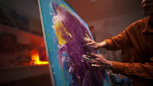 Creative Paint Application, Tactile Painting Session Showcasing Vibrant Colors And Textured Strokes