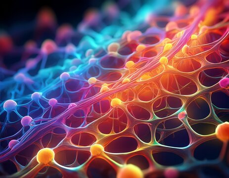 the image showcases a vibrant microscopic view of interconnected skin cells illuminated by a colorful gradient palette that symbolizes the gaba transfer process