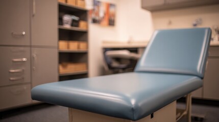 Fototapeta premium Detailed view of a minimalist exam table in a medical room emphasizing a single diagnostic tool while the background storage and walls remain out of focus.