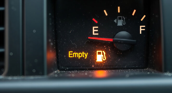 Car fuel gauge showing empty tank with glowing warning light on dashboard. Global energy crisis and petrol shortage concept. Economic impact of high gas prices and supply chain inflation.