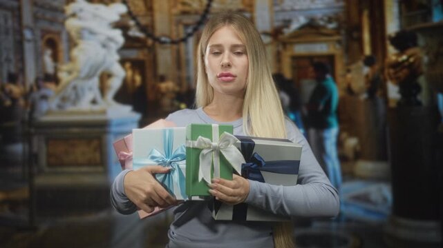 Young blonde woman holding stacked wrapped gifts with hands visible in ornate museum gallery; quiet contemplation.