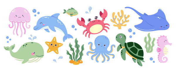 Fototapeta premium Cute ocean animals clipart set with dolphin, whale, jellyfish, octopus, crab, turtle, stingray, seahorse, starfish and sea plants. Bright friendly style and soft color palette. Sea vector set for kids