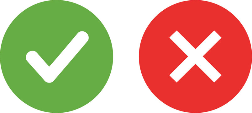A green checkmark icon and a red cross icon representing approval and rejection on white background Vector