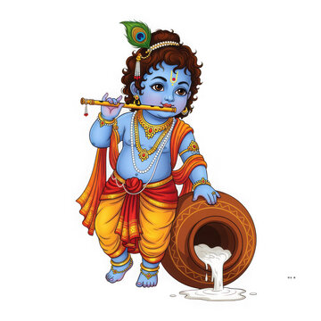 Baby Krishna Playing Flute with Milk Pot Spilling Hindu Deity Traditional Indian Art Vibrant Colors