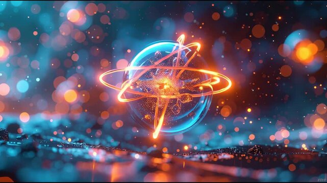 Vibrant neon atom model glowing brightly.