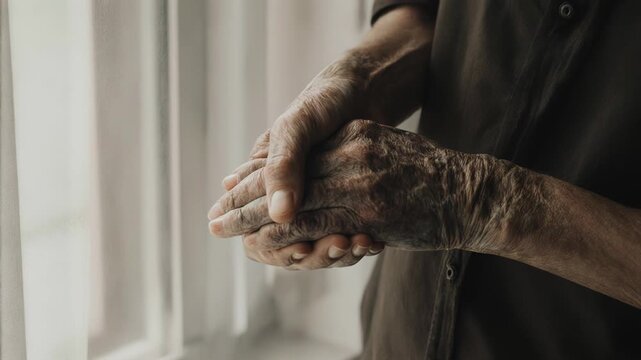 Elderly hands of a person with visible wrinkles and age spots gently clasped together near a window, showcasing the passage of time and life experiences in a serene indoor setting