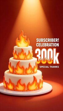 White cake with flames on a plate under spotlight for subscriber celebration and special thanks to 300k followers