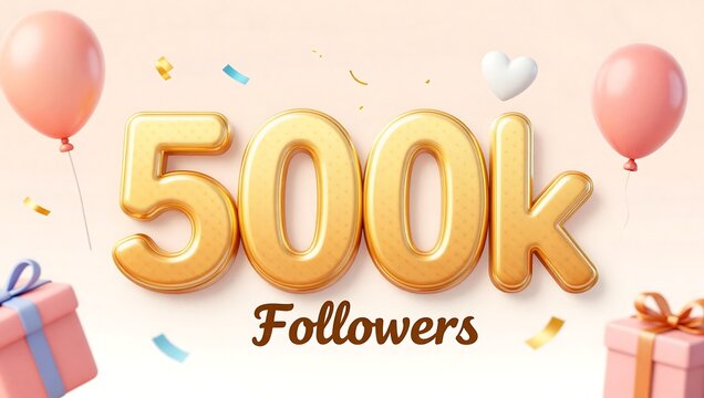 Golden 500k followers celebration with pink balloons and gifts on pink background