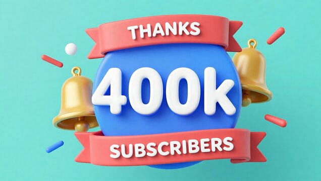 Thank you message for 400k subscribers with colorful celebration elements and golden bells on teal background