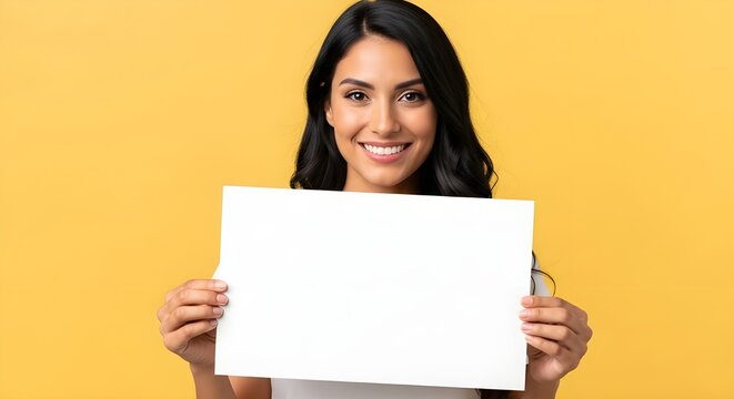 Young woman holding blank sign with cheerful smile on yellow background