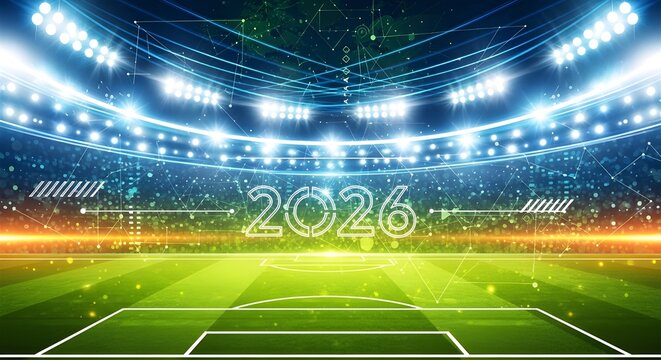Futuristic 2026 stadium with digital year display under bright lights for sports event