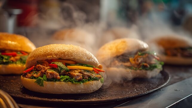 Steaming Bnh Mch bustling Ho Chi Minh City city's most mouthwatering sandwich delicate balance of cold pork crunchy pickled vegetable clean professional stock photo sharp macro photography style
