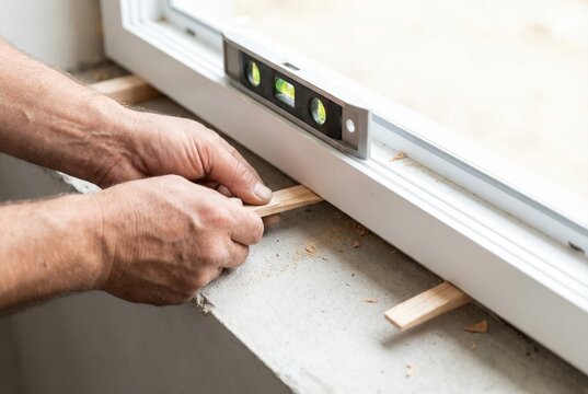 Hands placing a wooden shim under a white window frame while using a spirit level