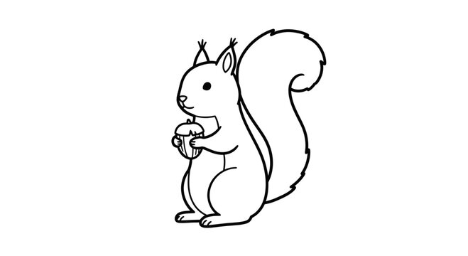 Cute Squirrel Holding an Acorn Vector Line Art Illustration for Coloring Pages and Kids Design