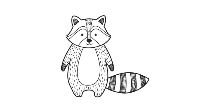 Hand Drawn Cute Raccoon Vector Illustration, Cartoon Forest Animal Doodle Line Art Isolated on White Background